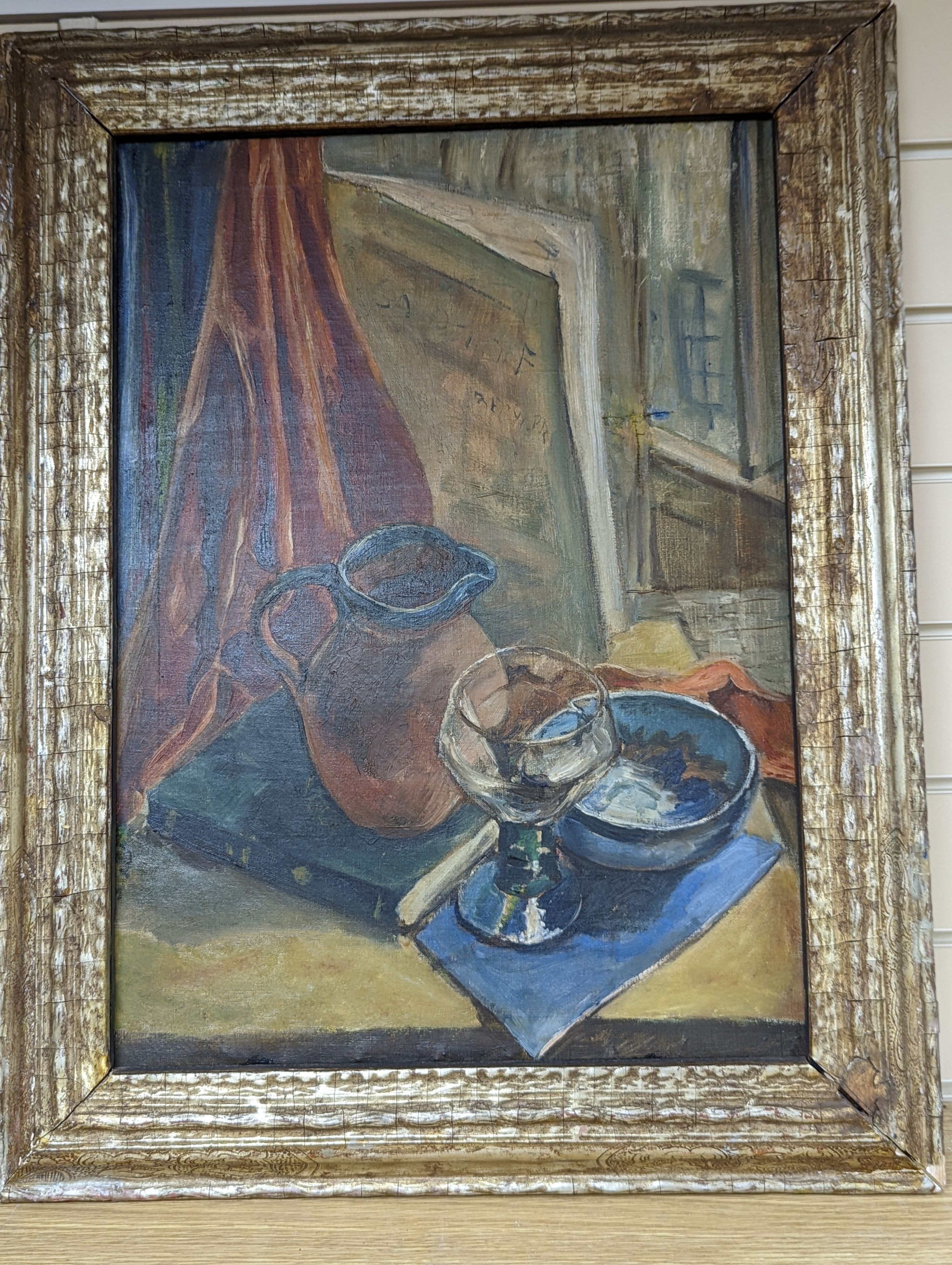 Modern British, oil on canvas, Tabletop still life, 55 x 40cm